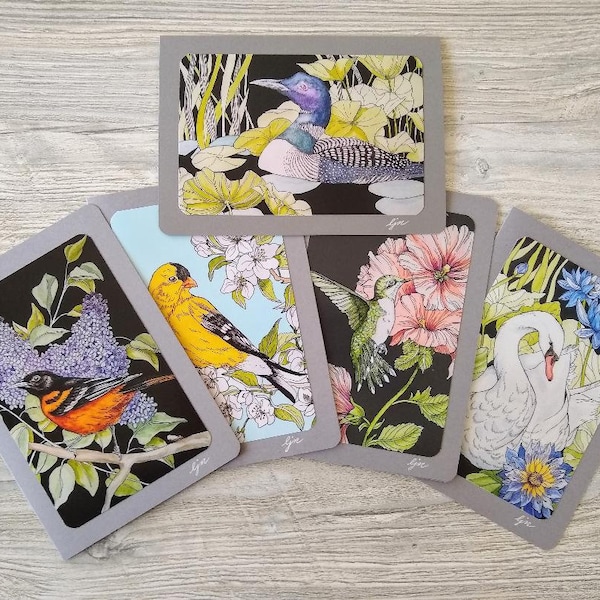 Wild Birds Card Set / 5x7 Blank Cards / Set of 5 Bird Art Cards