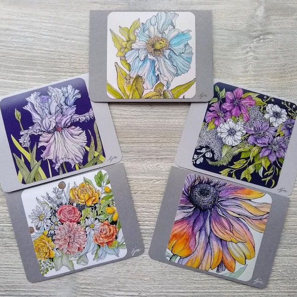 Floral Notecard Set  /  Watercolor Flowers Blank Cards  /  Set of 5 Notecards