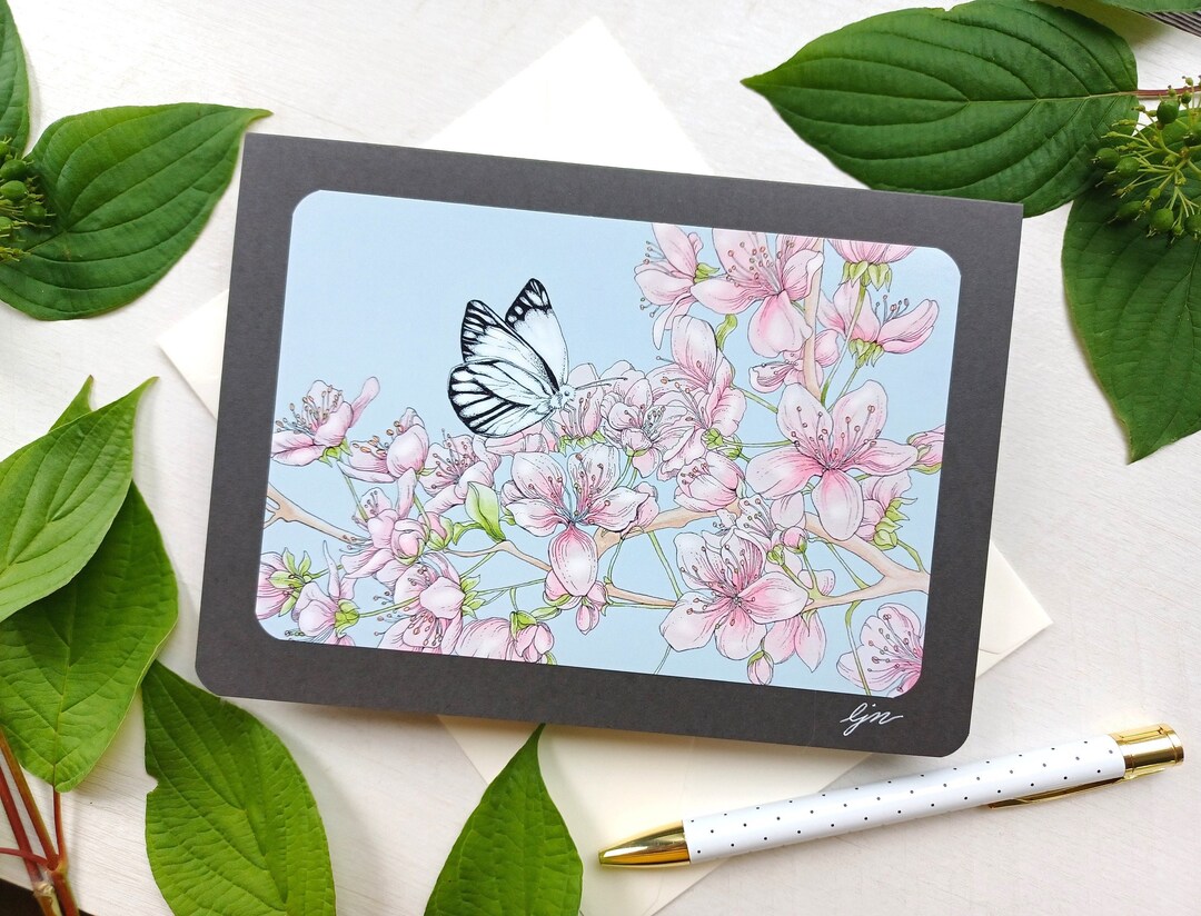 Butterfly Blank Card / Cherry Blossoms Art Card / 5x7 Watercolor Floral ...