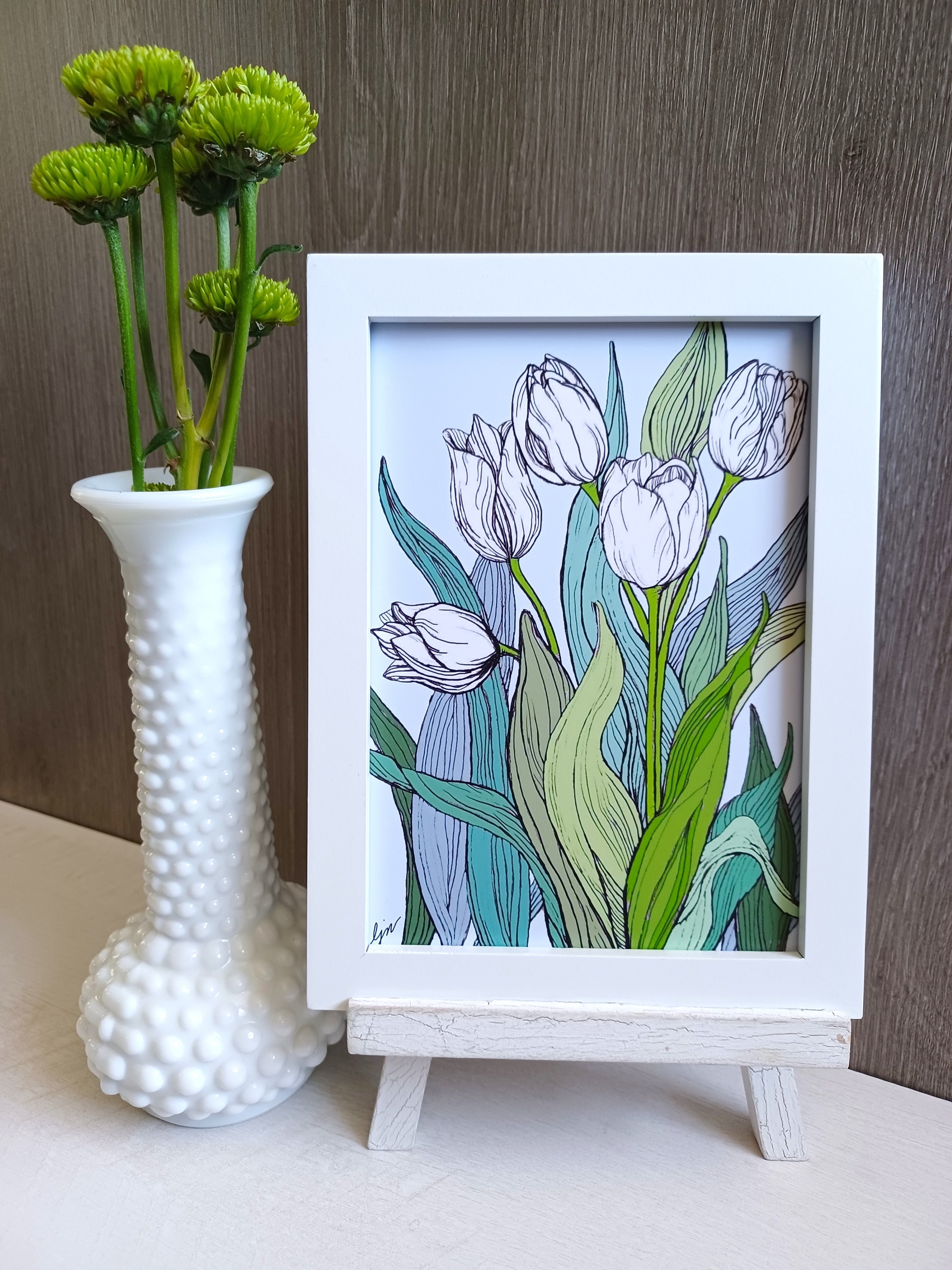 White Tulips Art Print, 5x7 Flower Art, Floral Illustration, Spring ...