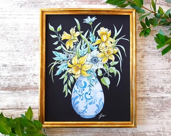 Daffodil Spring Bouquet Art Print, 8x10 Flower Wall Art, Daffodil Floral Art, Watercolor Flowers Wall Decor, Blue and White Vase Painting