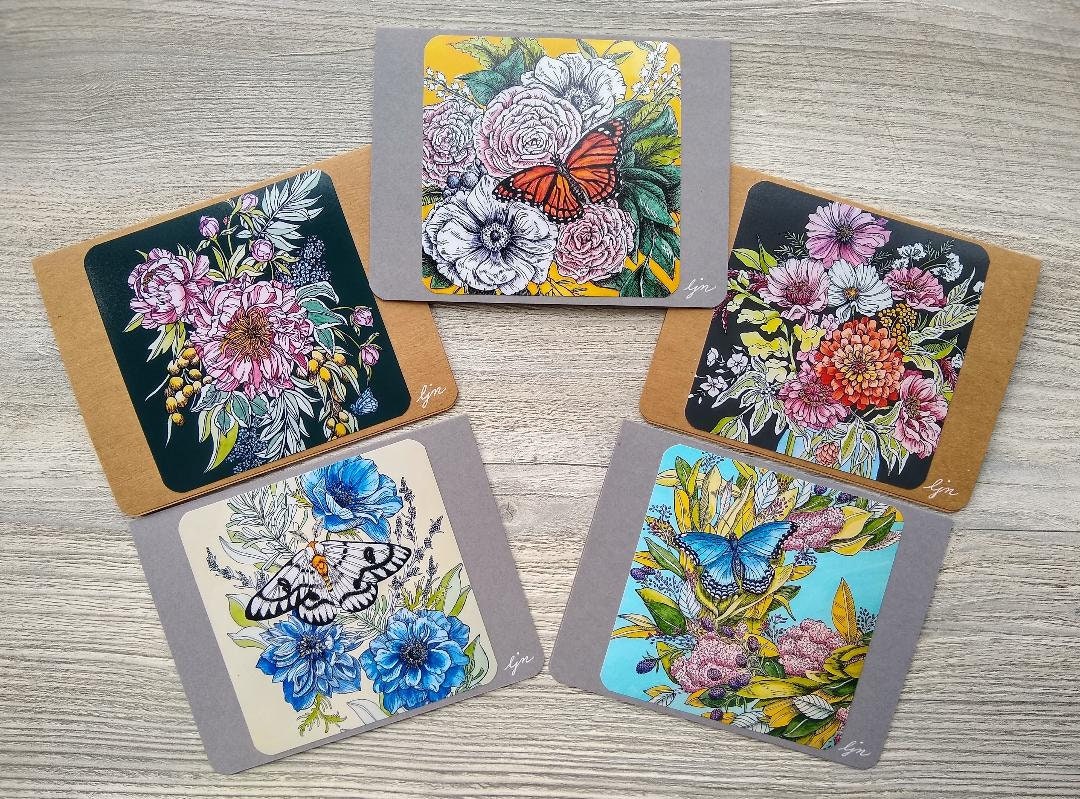 Flowers Butterflies & Moths Notecard Set / Butterfly Floral Art Cards ...