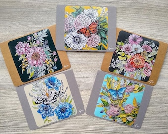 Flowers Butterflies & Moths Notecard Set /  Butterfly Floral Art Cards /  Blank Card Set