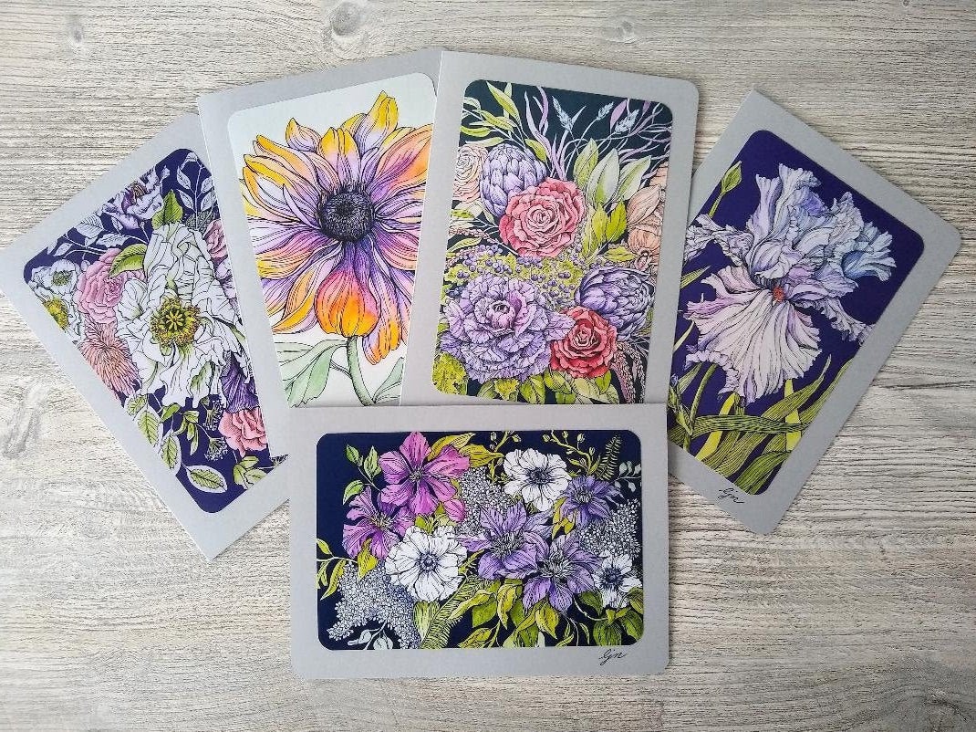 Floral Card Set / 5x7 Blank Card Set / Variety Watercolor Flowers Card ...