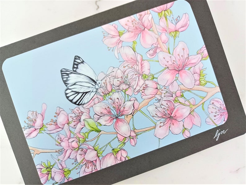 Butterfly Blank Card / Cherry Blossoms Art Card / 5x7 Watercolor Floral ...