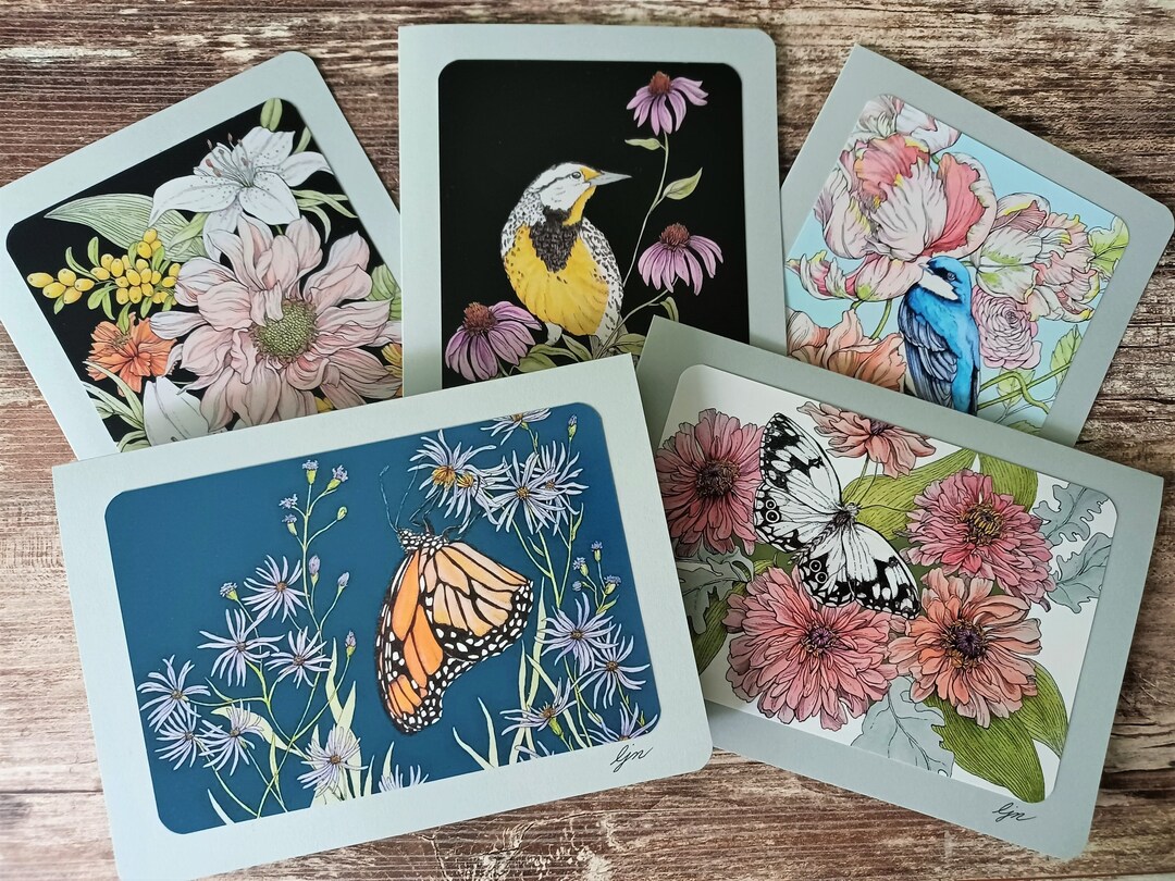 Nature Card Set / 5x7 Blank Cards / Birds & Butterflies Art Cards / Set ...