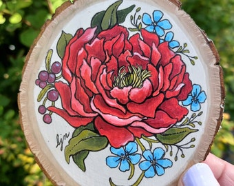Wood Slice Painting  /  Floral Wood Painting  /  Hand Painted Flowers  /  Mini Original Art  /  Acrylic Painting on Wood