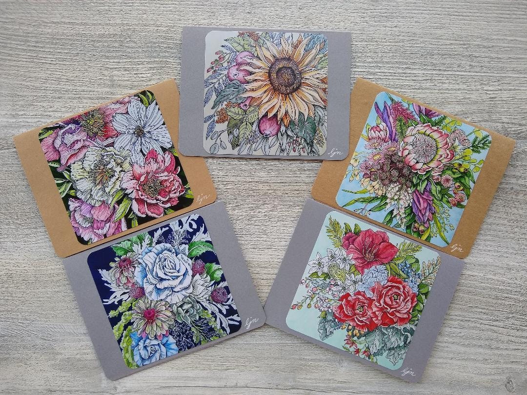 Floral Bouquet Notecard Set / Watercolor Flowers Card Set / - Etsy
