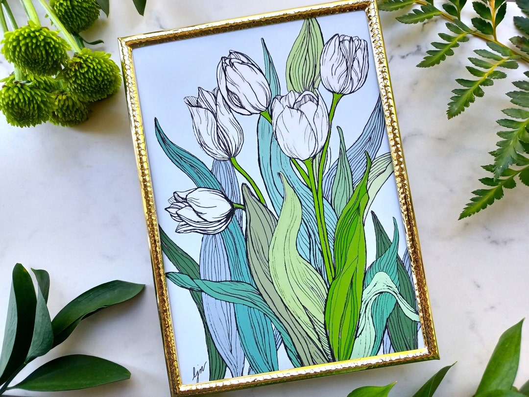 White Tulips Art Print, 5x7 Flower Art, Floral Illustration, Spring ...