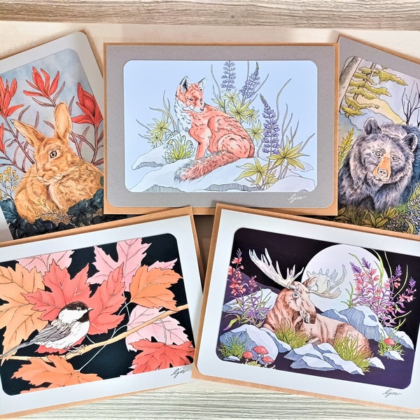 Woodland Animal Cards, Set of 5 Blank Cards with Envelopes, Watercolor Animals Card Set, Gift for Animal Lover, Wildlife Art Cards