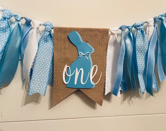 SomeBUNNY is One Highchair banner - boy, blue - boy birthday banner