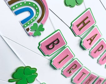 The Lucky One - St Patricks Day - Happy Birthday Personalized Name Banner - Lucky girl - Rainbow HBD banner