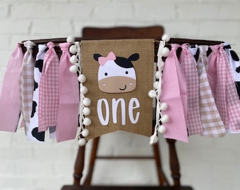 Pink Cow- Farm highchair Birthday Banner