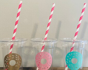 Donut Theme Birthday, 9oz disposable party cups, lid and paper straw included