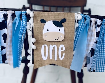 Blue Cow - Farm First Birthday  - Highchair Birthday Banner