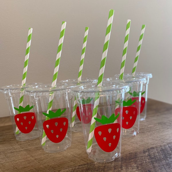 Berry Sweet Strawberry party cups, 9oz disposable, strawberry decal, paper straws