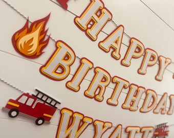 Firetruck Birthday - Happy Birthday banner - firetruck party - planes, trains, automobiles