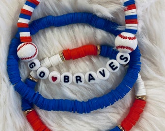 BRAVES baseball STACK  - red white blue  bracelet - stack bracelets - custom bracelet - beaded bracelet - heisha bracelet