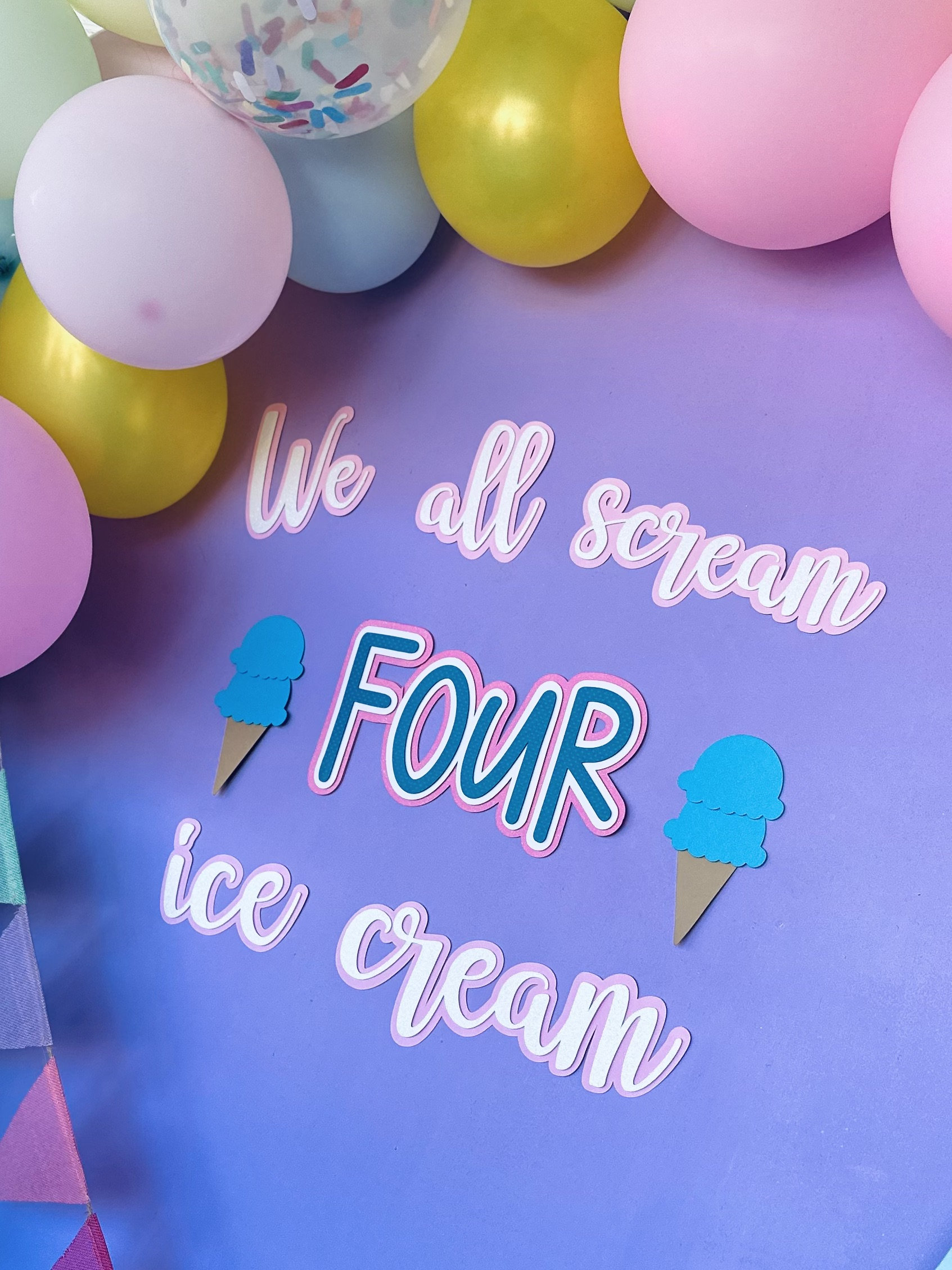 Ice Cream 4th Birthday Decoration Kit - Banner, Cake Topper, Balloons, Cupcake Toppers