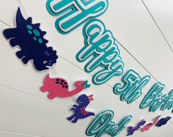 Dinosaur Happy Birthday Banner - Dino party - Girly Dinosaurs - personalized banner - PINKS PURPLES