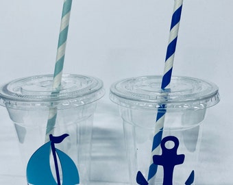 Nautical Anchor theme  disposable birthday  party cups, 9oz, vinyl decal, includes cup and paper straw