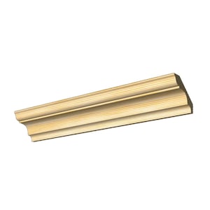 May include: A light-coloured wooden moulding with a decorative edge. The moulding has a series of parallel grooves running along its length, and a curved, detailed edge. The wood has a natural, unfinished appearance.