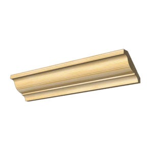 May include: An unfinished wooden crown molding in a light colour. The molding has a decorative profile with a curved top edge and parallel grooves. This trim is designed for interior use, with a simple and elegant design. The length is approximately 100 cm.