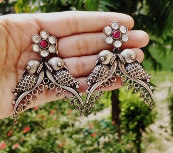 Oxidized Silver Replica Peacock Earrings: Indian Style Jewelry