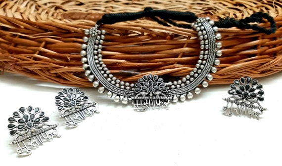 Joyeria Bisuteria Conjunto de collar de plata oxidada Joyeria india Joyeria oxidada Joyeria de plata Collar de plata Etsy Espana
