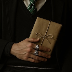 May include: A person wearing a black blazer, sweater, and tie with green stripes, holding a wrapped brown package tied with twine. Two silver rings with ornate designs are on the person's fingers. The overall aesthetic is dark and sophisticated.