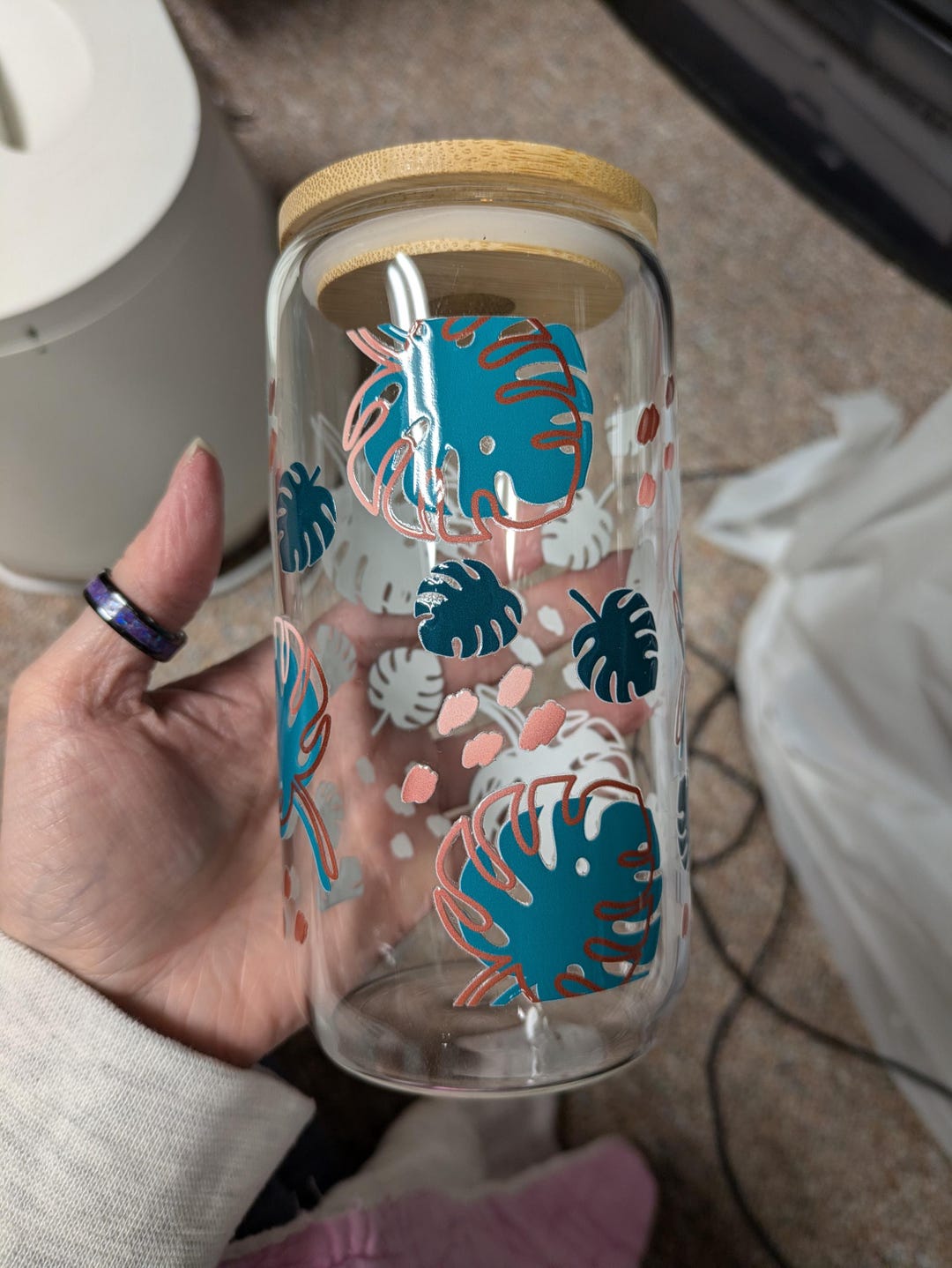 Tropical Leaf Glass Cup With Bamboo Lid & Glass Straw - Etsy