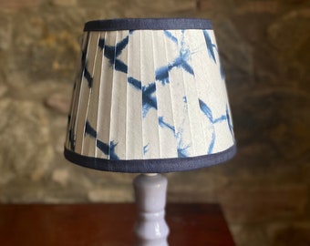Handmade Origami Pleated Paper Lampshade With Linen Trim Indigo Tie Dye Ikat Pattern Summer Cottage Nautical Style