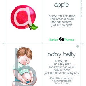 May include: A red apple with a white letter 'a' inside. The text 'apple' is written in black. The text below says 'A says 'ah' for apple. This letter is round and has a stem, just like an apple.' The text 'Barker Phonics' is written in green and black.