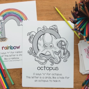 Pode incluir: Páginas para colorir em preto e branco com um arco-íris e um polvo. As páginas incluem as letras R e O e as palavras "arco-íris" e "polvo". O texto explica que a letra R se pronuncia "r" para arco-íris e a letra O se pronuncia "o" para polvo.