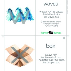 May include: A printable phonics flashcard with a blue and gray illustration of waves and the letter W. The text on the card says "W says "w" for waves. This letter looks like waves too. (Keep this sound short when practicing it, "w." not "wuh") Barker Phonics"