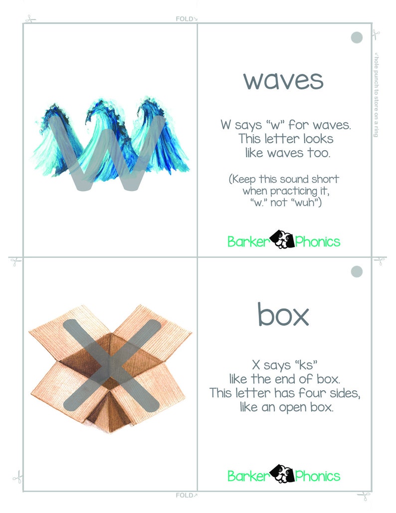 May include: A printable phonics flashcard with a blue and gray illustration of waves and the letter W. The text on the card says "W says "w" for waves. This letter looks like waves too. (Keep this sound short when practicing it, "w." not "wuh") Barker Phonics"
