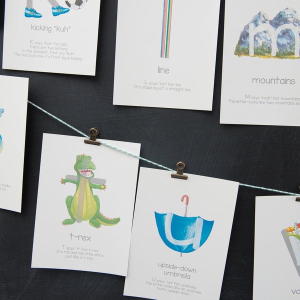 Phonetic Mnemonic Alphabet Cards: up to 8.5x11 Printable Decorative Children's art for homeschooling, classroom, toddler, kindergarten ABC