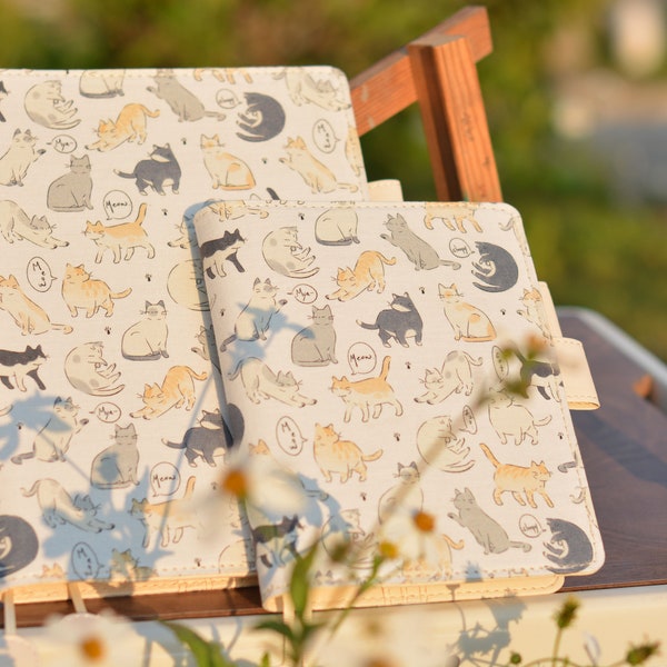 Handmade A5/A6 Notebook Cover: Replaceable Planner, Cat Print