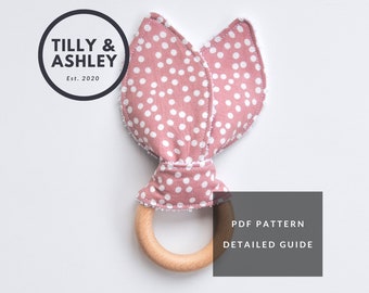 Alenybeby Bunny Ear Wood Ring Teether Bell Natural Wood Teether Circle Fabric Baby Teething Training Newborn Teether Pink