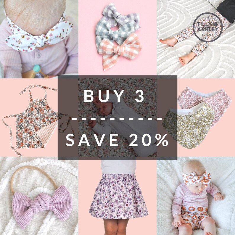 May include: A collage of images featuring various baby clothing items, including a floral print headband, a floral print bib, a floral print skirt, a floral print onesie, and a floral print pair of leggings. The text "BUY 3 SAVE 20%" is displayed in the center of the collage.