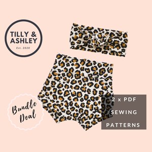 May include: A bundle deal for two PDF sewing patterns featuring a leopard print headband and a pair of shorts. The text "Bundle Deal" is in a circle on the left side of the image. The text "2 x PDF SEWING PATTERNS" is on the right side of the image.