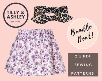 Bundle Deal, Girls skirt PDF sewing pattern, Elastic back headband sewing pattern, Skirt pattern, Bow headband pattern, Beginner friendly