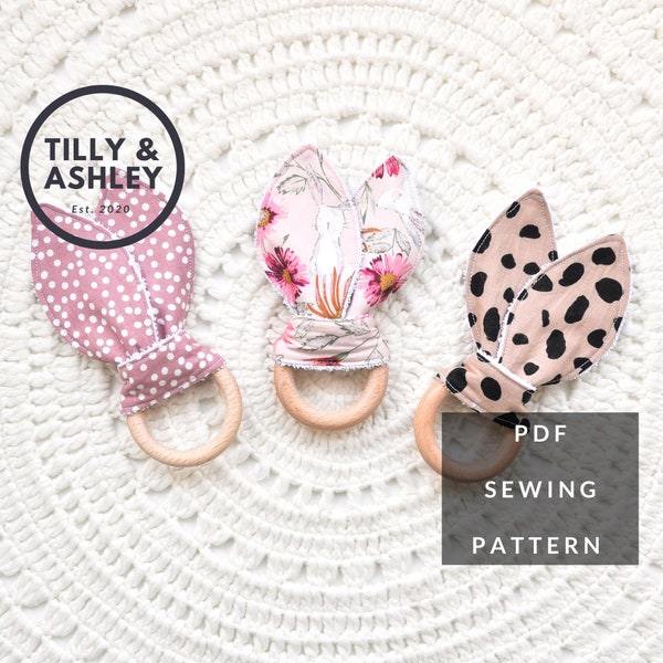 Baby teether rings PDF sewing pattern, Bunny ear teething ring, Wooden teething ring PDF pattern, Baby shower gift, Fabric and wood teether