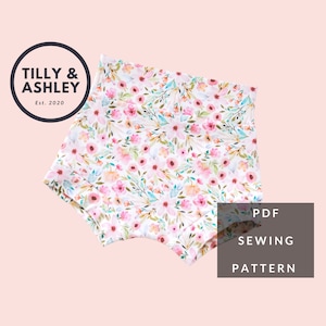 May include: A PDF sewing pattern for a pair of floral print shorts. The pattern is from Tilly & Ashley, Est. 2020.