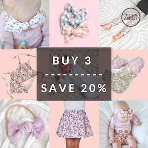 May include: A collage of images featuring various baby clothing items, including a floral print headband, a floral print bib, a floral print skirt, a floral print onesie, and a floral print pair of leggings. The text "BUY 3 SAVE 20%" is displayed in the center of the collage.