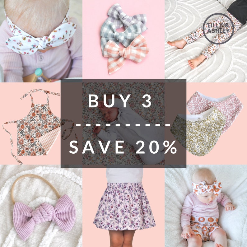 May include: A collage of images featuring various baby clothing items, including a floral print headband, a floral print bib, a floral print skirt, a floral print onesie, and a floral print pair of leggings. The text "BUY 3 SAVE 20%" is displayed in the center of the collage.