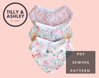 May include: Three fabric baby bibs with floral patterns. The bibs are stacked on top of each other. The top bib is pink with white flowers, the middle bib is green with white and yellow flowers, and the bottom bib is beige with red and green flowers. The text "PDF SEWING PATTERN" is in the bottom right corner of the image.