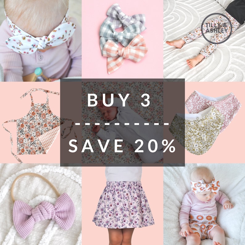 May include: A collage of images featuring various baby clothing items, including a floral print headband, a floral print bib, a floral print skirt, a floral print onesie, and a floral print pair of leggings. The text "BUY 3 SAVE 20%" is displayed in the center of the collage.