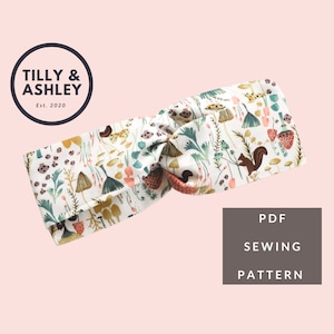 May include: A PDF sewing pattern for a white fabric headband with a colorful floral and squirrel print. The headband is tied in a knot and the text "PDF SEWING PATTERN" is on a gray background.