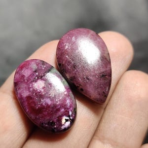 Könnte beinhalten: Zwei polierte Edelsteine in tiefem Magenta mit dunkleren Einschlüssen. Einer ist oval, der andere tropfenförmig. Die Steine haben eine glänzende Oberfläche, die das Licht reflektiert. Die Edelsteine werden in einer Hand gehalten, was ihre Größe zeigt.